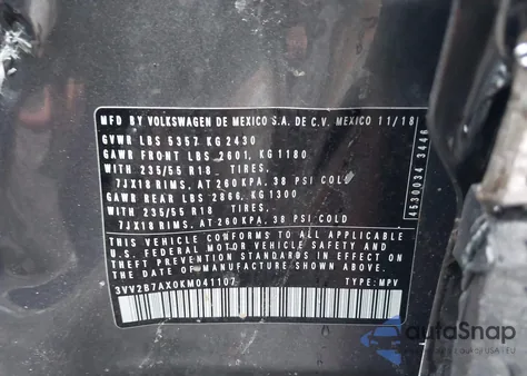 2019 Volkswagen Tiguan 2.0T Se/2.0T Sel/2.0T Sel R-Line/2.0T Sel R-Line Black from USA, damaged, VIN 3VV2B7AX0KM041107